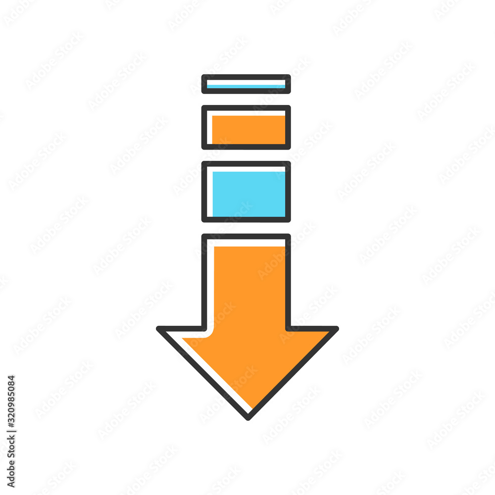 Poster down arrow orange and blue rgb color icon. internet page browsing, website pointer. way direction in