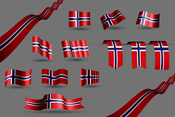 Many Norway flags, waving banners and bookmarks in the colors of the flag red, blue, white - vector illustration for anthem, flag day or any national celebration