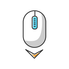 Scrolling mouse white RGB color icon. Down arrowhead indicator. Internet page browsing cursor. PC mouse and arrow. Modern computer element. Website pointer. Isolated vector illustration
