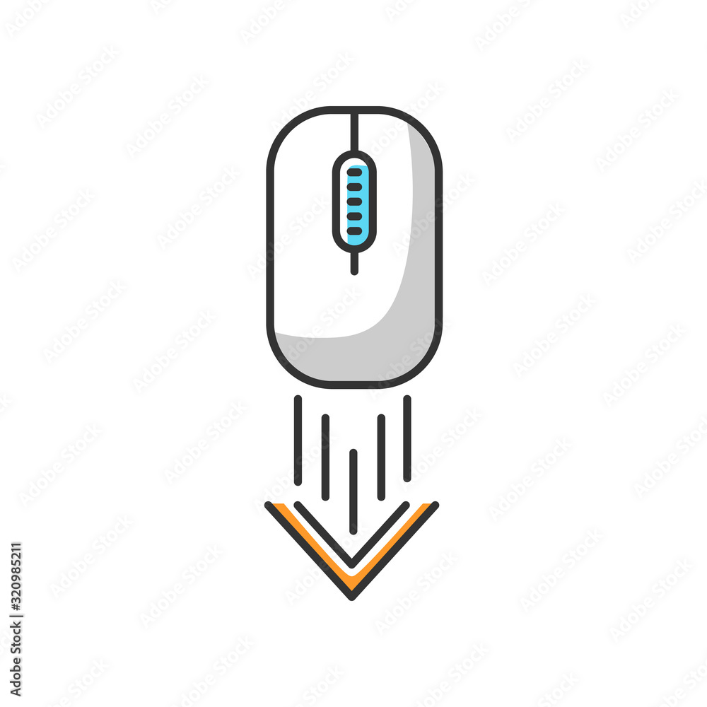 Poster scrolling down computer mouse white rgb color icon. internet page browsing arrow. scrolldown gesture