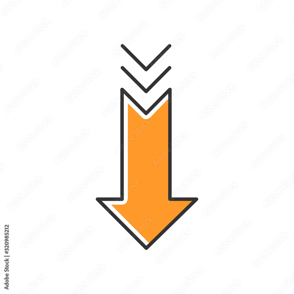 Poster down arrow orange rgb color icon. scrolldown gesture, interface navigational button. website pointer