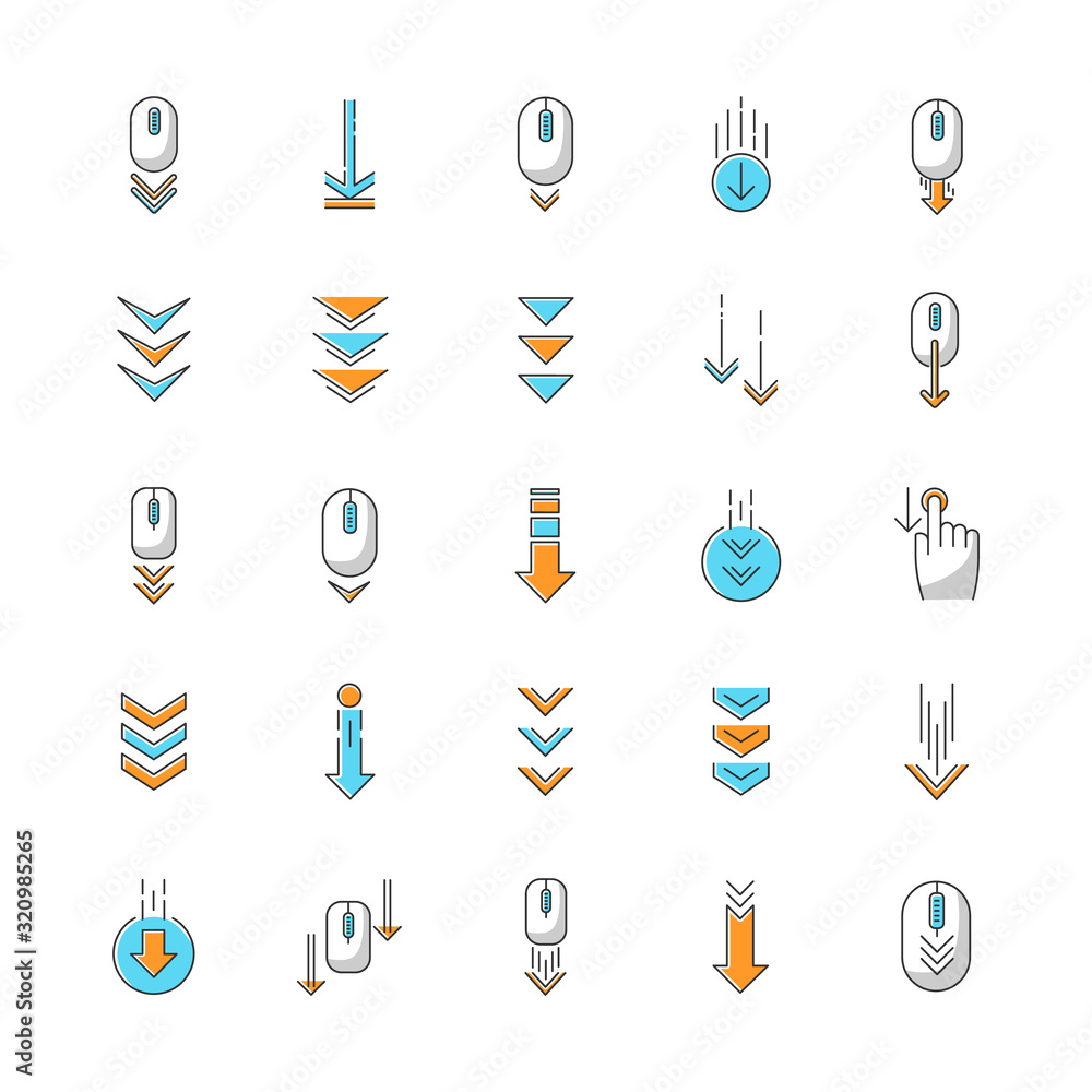 Poster scroll down rgb color icons set. internet page browsing and download indicators. downward arrows. we