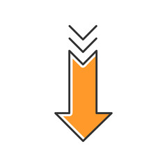 Down arrow orange RGB color icon. Scrolldown gesture, interface navigational button. Website pointer. Way direction indicator. Downloading process, web cursor. Isolated vector illustration