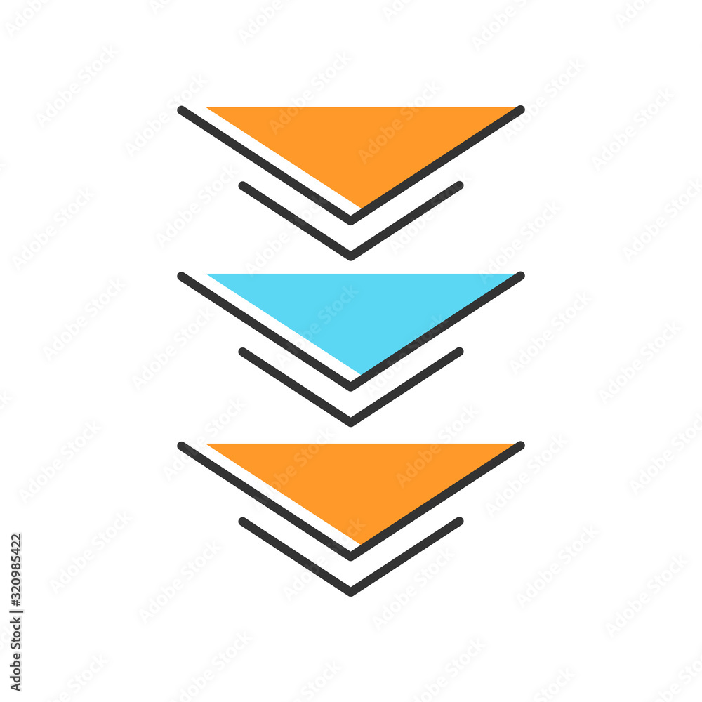 Poster three down arrows orange rgb color icon. page browsing direction, download. website pointer. web cur