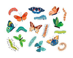 Set spring and summer colorful butterflies and caterpillars. Different cute silhouettes on white background. For festive card, logo, children, pattern, tattoo, decorative, concept. Vector illustration