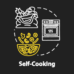 Self cooking chalk RGB color concept icon. Low cost eating, self catering idea. Preparing delicious dinner with cheap products. Vector isolated chalkboard illustration on black background