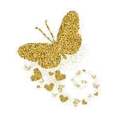 Gold glittering butterfly with hearts. Beautiful golden silhouettes on white background. For Valentines day, wedding invitations, cards, branding, label, banner, concept design. Vector illustration.