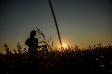 back view of a woman in a dress in lavender field in the sunset