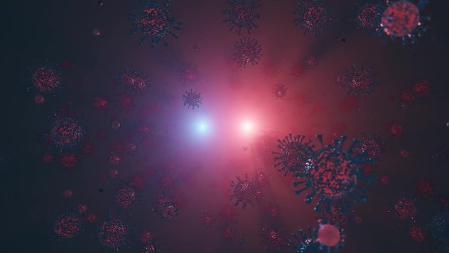 Viruses, Virus Cells under microscope, floating in fluid with red-blue background. Pathogens outbreak of bacterium and virus, disease causing microorganisms. Coronavirus. 3D looped animation