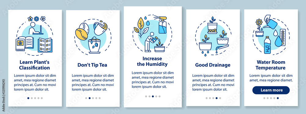 Poster caring for houseplants onboarding mobile app page screen with concepts. dont tip tea. floriculture w