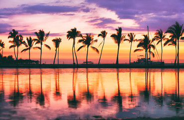 Hawaii beach sunset scenic panoramic banner background for summer vacation, romantic honeymoon...