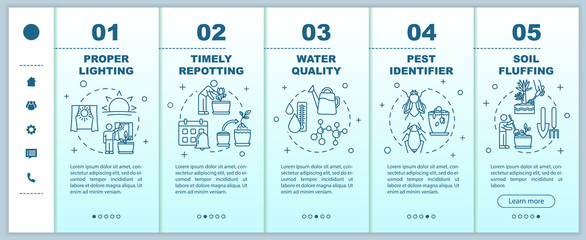 Naklejka premium Potted flowers caring onboarding vector template. Appropriate sunlight mode. Gardening tips. Responsive mobile website with icons. Webpage walkthrough step screens. RGB color concept