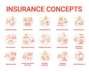 Insurance concept icons set. Protection from financial loss. Life policy plan. Risk management idea thin line RGB color illustrations. Vector isolated outline drawings. Editable stroke