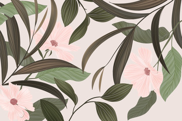 Nature vector background, tropical  leaves and pink flower in dark green tone - 320986884