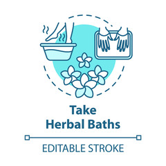 Take herbal baths, manicure and pedicure, skin care concept icon. Spa, cosmetic procedures, hand and feet care idea thin line illustration. Vector isolated outline RGB color drawing. Editable stroke