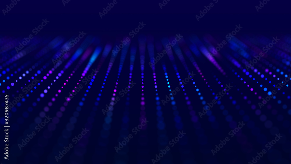 Poster Wave of musical sounds. Abstract background with interweaving of dots and lines. 3D rendering.
