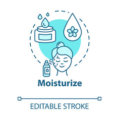 Moisturize skin, skincare concept icon. Cosmetic products, moisturizers, face skin care and beauty idea thin line illustration. Vector isolated outline RGB color drawing. Editable stroke