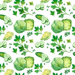 Seamless watercolor healthy food background pattern on white background