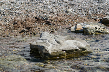 Large and smooth stones in the coastal waves of salty sea water. The coast of the black sea foams and roars, beating against a huge pebble, illuminated by sunlight