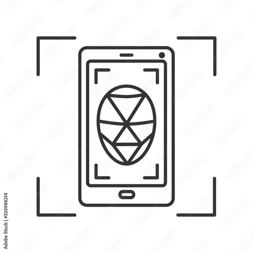 Poster identification polygonal grid face on smartphone black line icon. deep face. scanning app on screen.