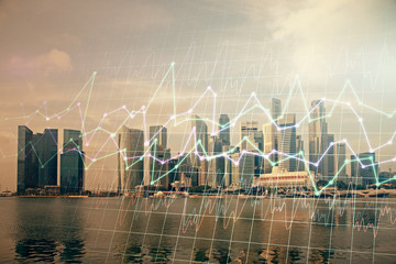 Forex chart on cityscape with tall buildings background multi exposure. Financial research concept.