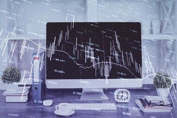 Forex graph hologram on table with computer background. Double exposure. Concept of financial markets.