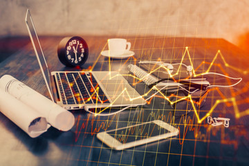 Multi exposure of forex graph and work space with computer. Concept of international online trading.