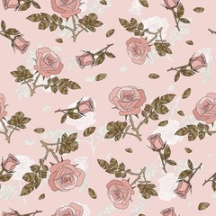 detailed seamless pattern with pink rose and golden leaves in pink background. Romantic, vintage, country style for Valentine's, wedding designs, graphic, printed fabric, fashion, home decor, package.