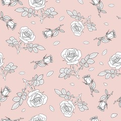 detailed seamless pattern with white, black frame rose and leaves in pink background. Romantic, vintage, country style for Valentine's, wedding designs, graphic, printed fabric, fashion, home decor.