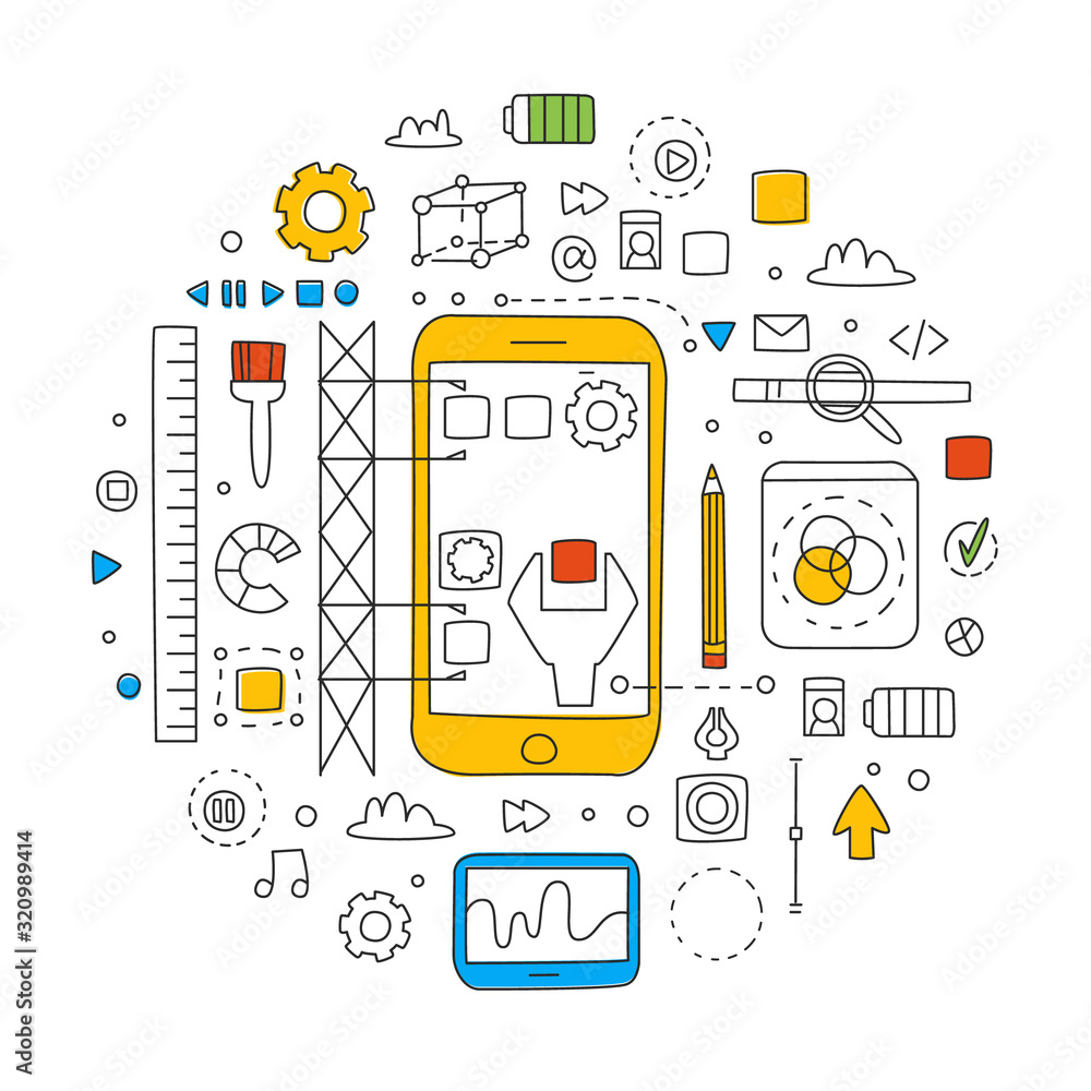Poster smartphone user interface building process, modern phone applications business concept vector illust