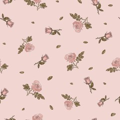 detailed seamless pattern of pink rose and golden leaves in pink background. Romantic, vintage, country style for Valentine's, wedding designs, graphic, printed fabric, fashion, home decor, package.