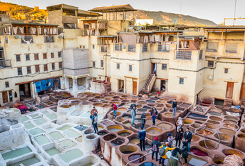Tourists stand on stone vessels, tanneries, Fez, Morocco