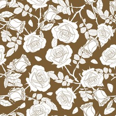 detailed seamless pattern of white rose and leaves in golden background. Romantic, vintage, luxurious style for Valentine's, wedding design, graphic, printed fabric, home decor, paper, package.