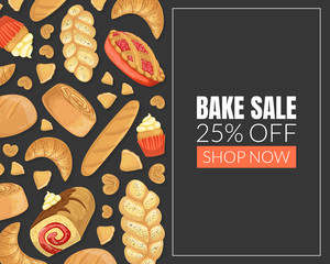 Fototapeta na wymiar Bake Sale Card Template with Baking Products Seamless Pattern, Element Can Be Used for Bakery Shop, Cafe Menu, Confectionery, Flyer, Certificate Vector Illustration