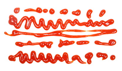 Red ketchup spreading, splashes, set and collection isolated on white background, tomato puree texture, top view