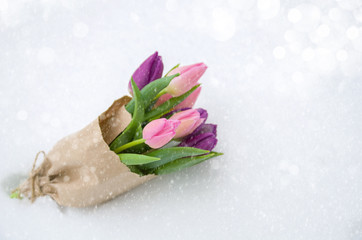Pink tulips flowers with green leaves in a paper bag in the snow, copy space