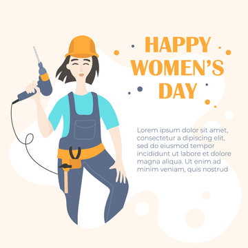 Happy women's day banner. Portrait of worker woman sitting on a stepladder. Vector cartoon illustration.