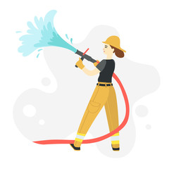 Female firefighter standing holding hose throwing water working. Vector flat cartoon illustration