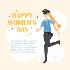 Happy international women's day banner, female police officer design.