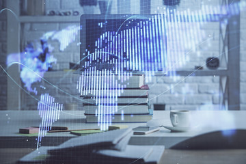 Multi exposure of business theme icons and work space with computer background. Concept of success.