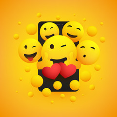 Fototapeta premium Various Smiling Happy Yellow Emoticons in Front of a Smartphone Screen, Vector Concept Design