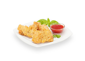 Delicious Crispy Chicken Wings in batter with basil and ketchup