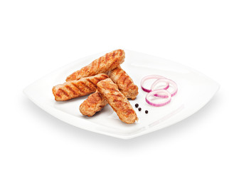 Delicious Crispy cevapi grilled with onion and pepper