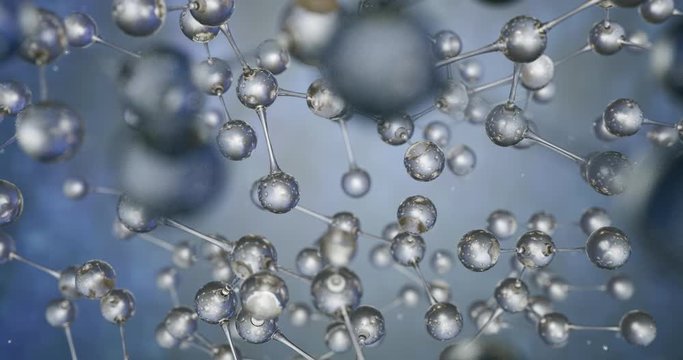 Slow motion macro of micro hi tech water molecules is analyzed with microscope for biochemistry and dna research in futuristic scientific laboratory. 