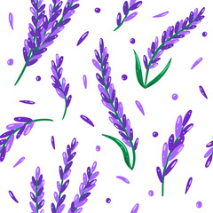 Lavender seamless pattern on wight background. Vector illustration for menu, catalog, restaurant, cartoon, game, kitchen, textile, decor.
