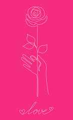 vector one line illustration of a cute composition in one line style. Human hand with a rose and Love inscription below.