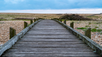 Wooden footpath heading out to shore over pebble beach. Central shot