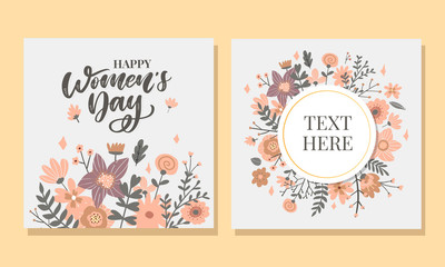 8 march. Happy Woman's Day Vector congratulation card with linear floral wreath
