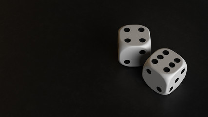 3d render two white dice with black dots on a black background. Minimalist concept. 