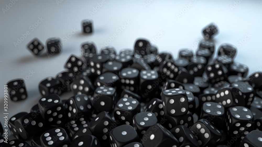 Poster 3d render many black dice with white dots lie on a white plate with the depth of field.